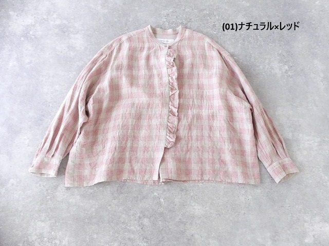 Hands　of　creation(ハンズオブクリエイション) リネンチェック東炊きバンドカラーフリルブラウスの商品画像11