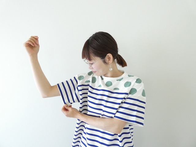 快晴堂(かいせいどう) 別注 HAYATE ボーダー水玉Tシャツ　肩切替水玉半袖Tシャツ セミボートネックの商品画像6