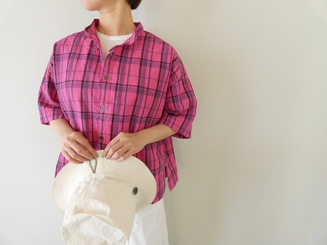 prit(プリット) リネンコットンチェック5分袖スタンドカラービッグシャツの商品画像1