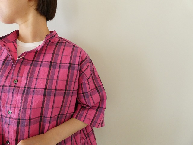 prit(プリット) リネンコットンチェック5分袖スタンドカラービッグシャツの商品画像3