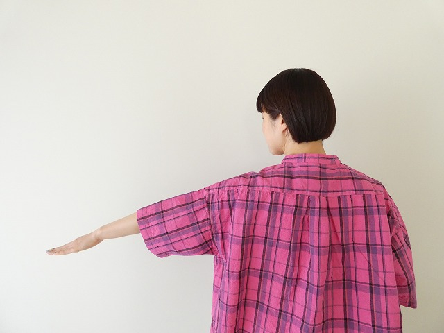 prit(プリット) リネンコットンチェック5分袖スタンドカラービッグシャツの商品画像6