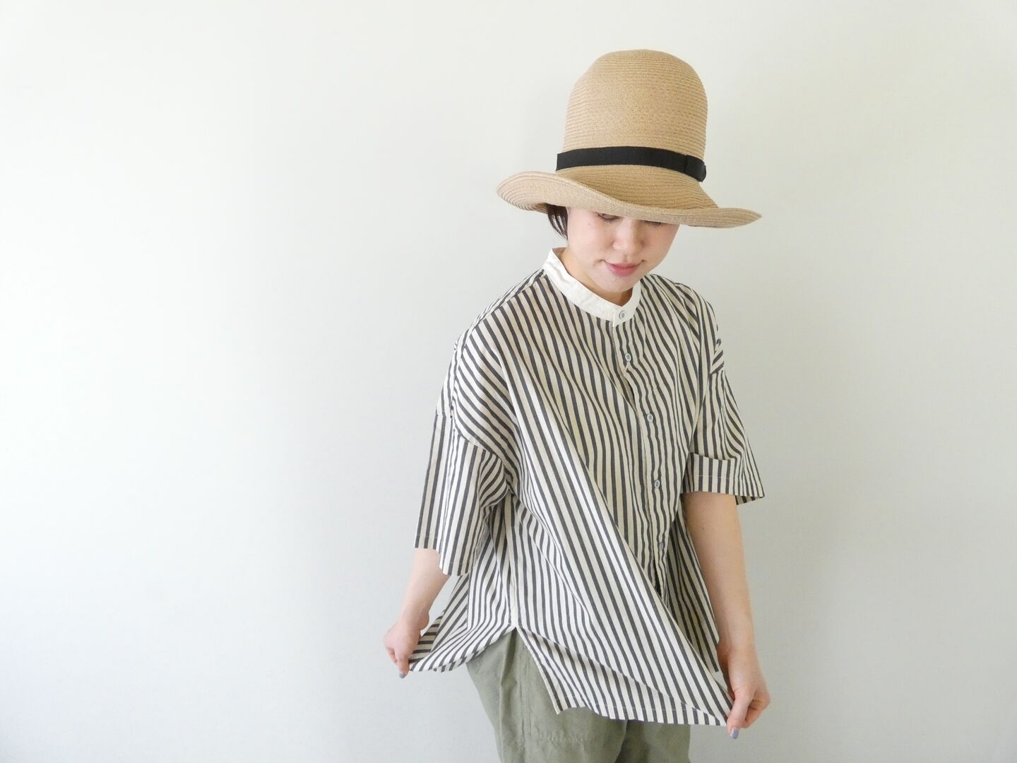 prit(プリット) 20/1コットンリネンストライププリント5分袖スタンドカラークレリックシャツの商品画像1