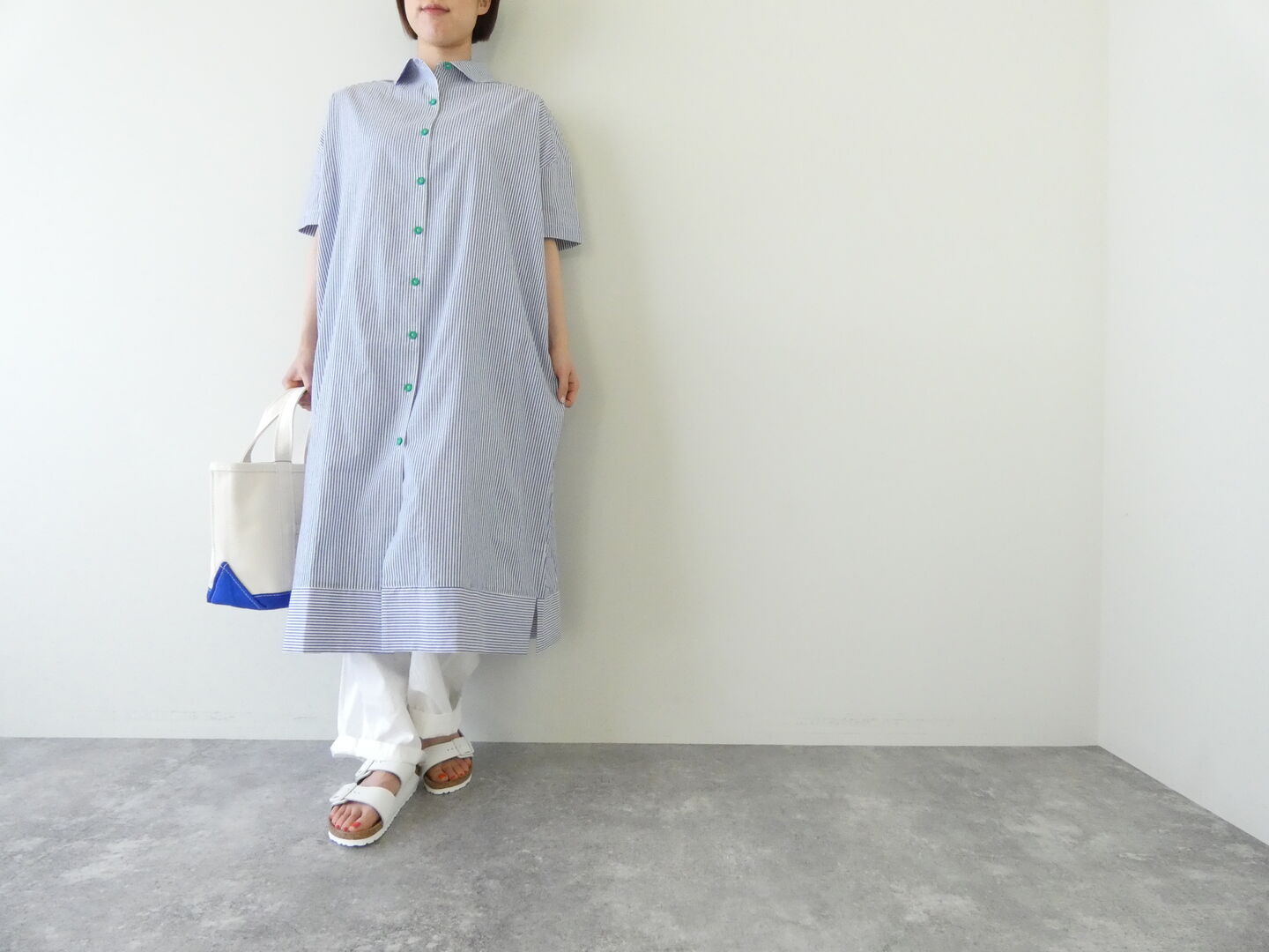 mao made(マオメイド) ストライプ×配色ニットボタンレギュラーカラーワンピースの商品画像1