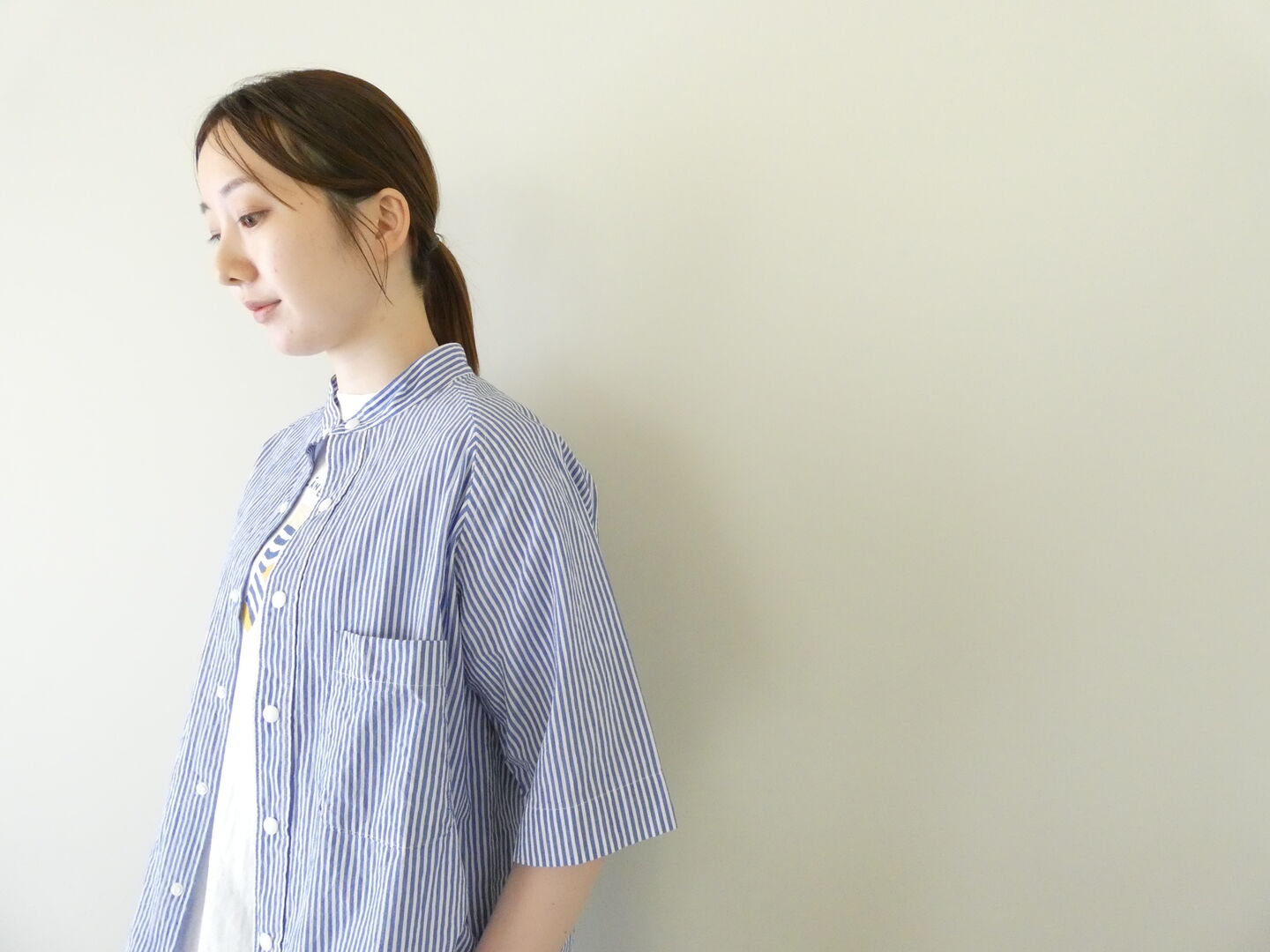 RINEN(リネン) 80/150/1強撚平織半袖ラグランスタンドカラーシャツの商品画像5
