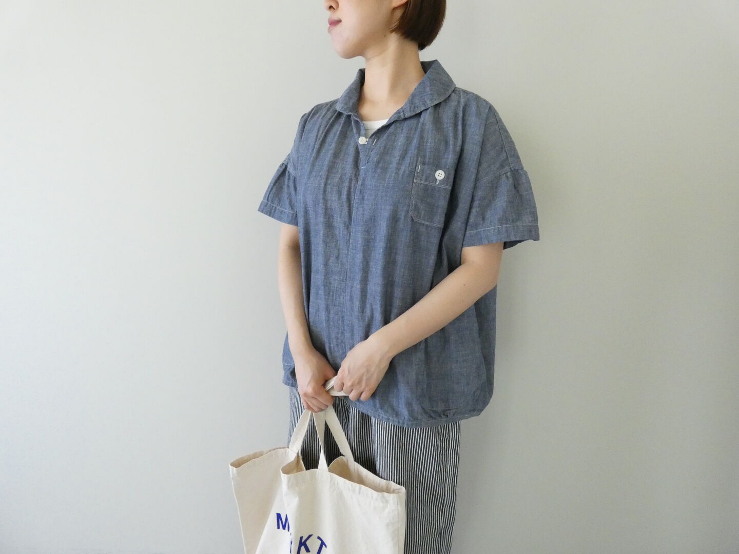 快晴堂(かいせいどう) HAYATE 白とインディゴのダンガリーのシャツ　マリン衿スキッパー半袖シャツの商品画像1