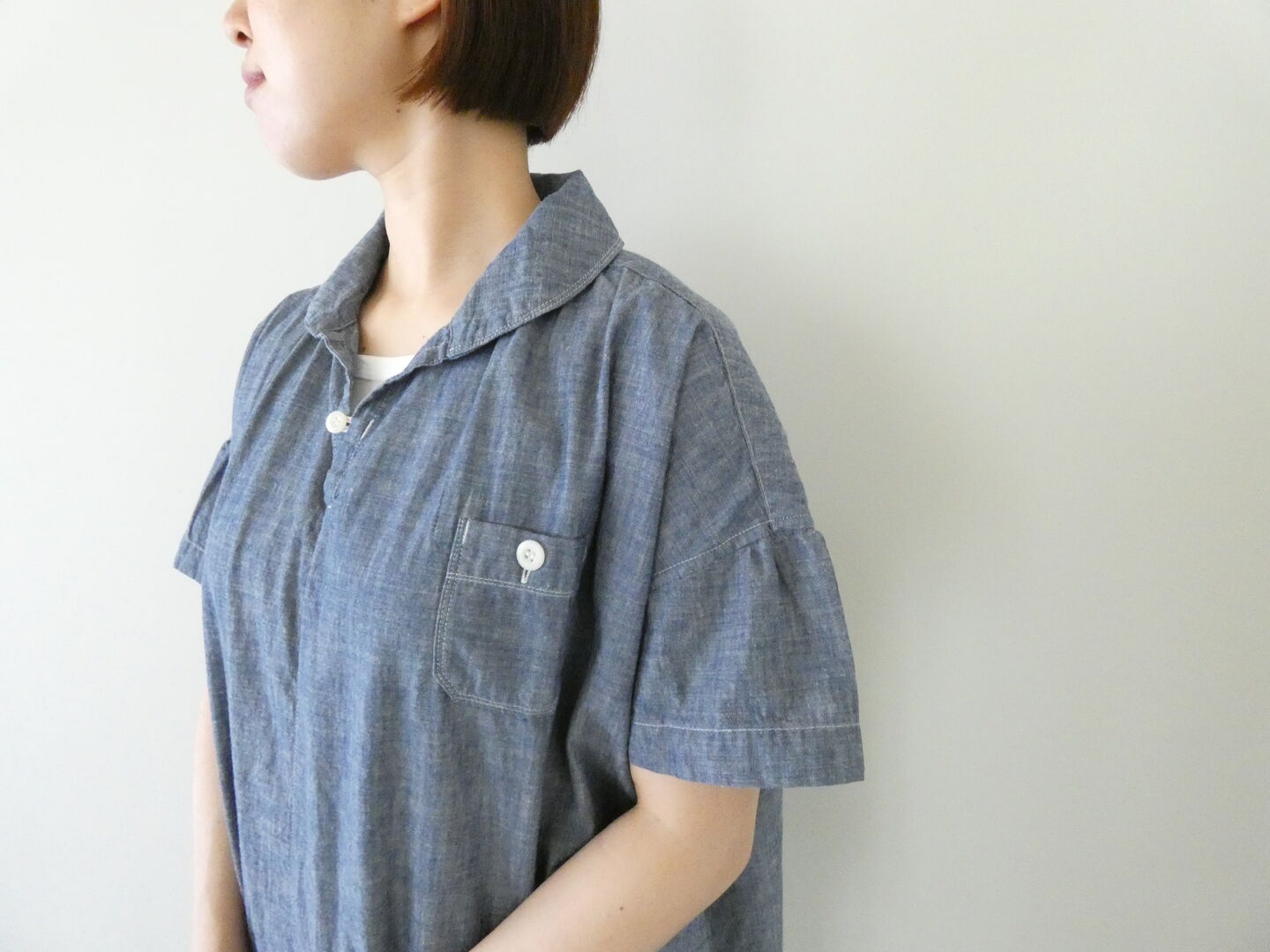 快晴堂(かいせいどう) HAYATE 白とインディゴのダンガリーのシャツ　マリン衿スキッパー半袖シャツの商品画像16