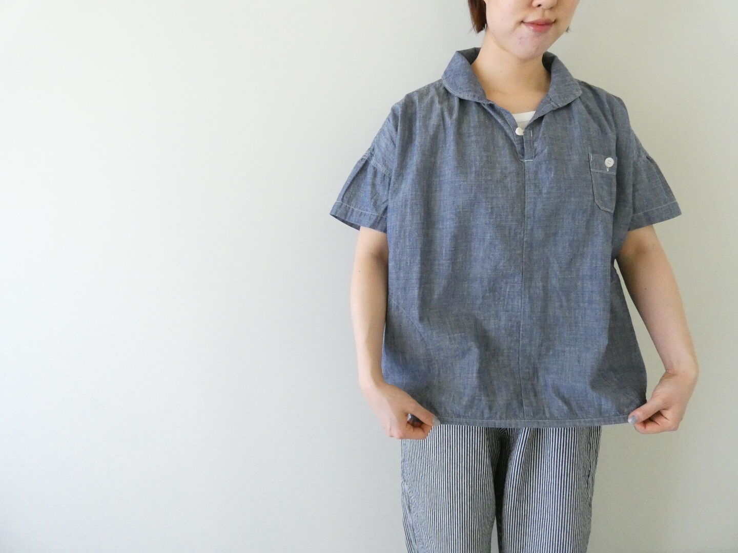 快晴堂(かいせいどう) HAYATE 白とインディゴのダンガリーのシャツ　マリン衿スキッパー半袖シャツの商品画像5