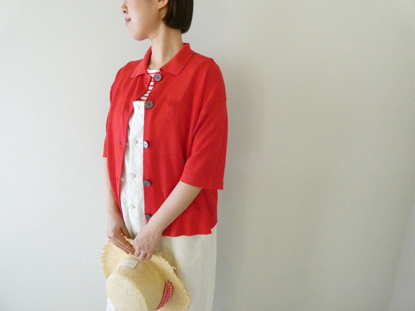 mao made(マオメイド) UV加工リネンポロ衿ハーフスリーブカーディガンの商品画像2