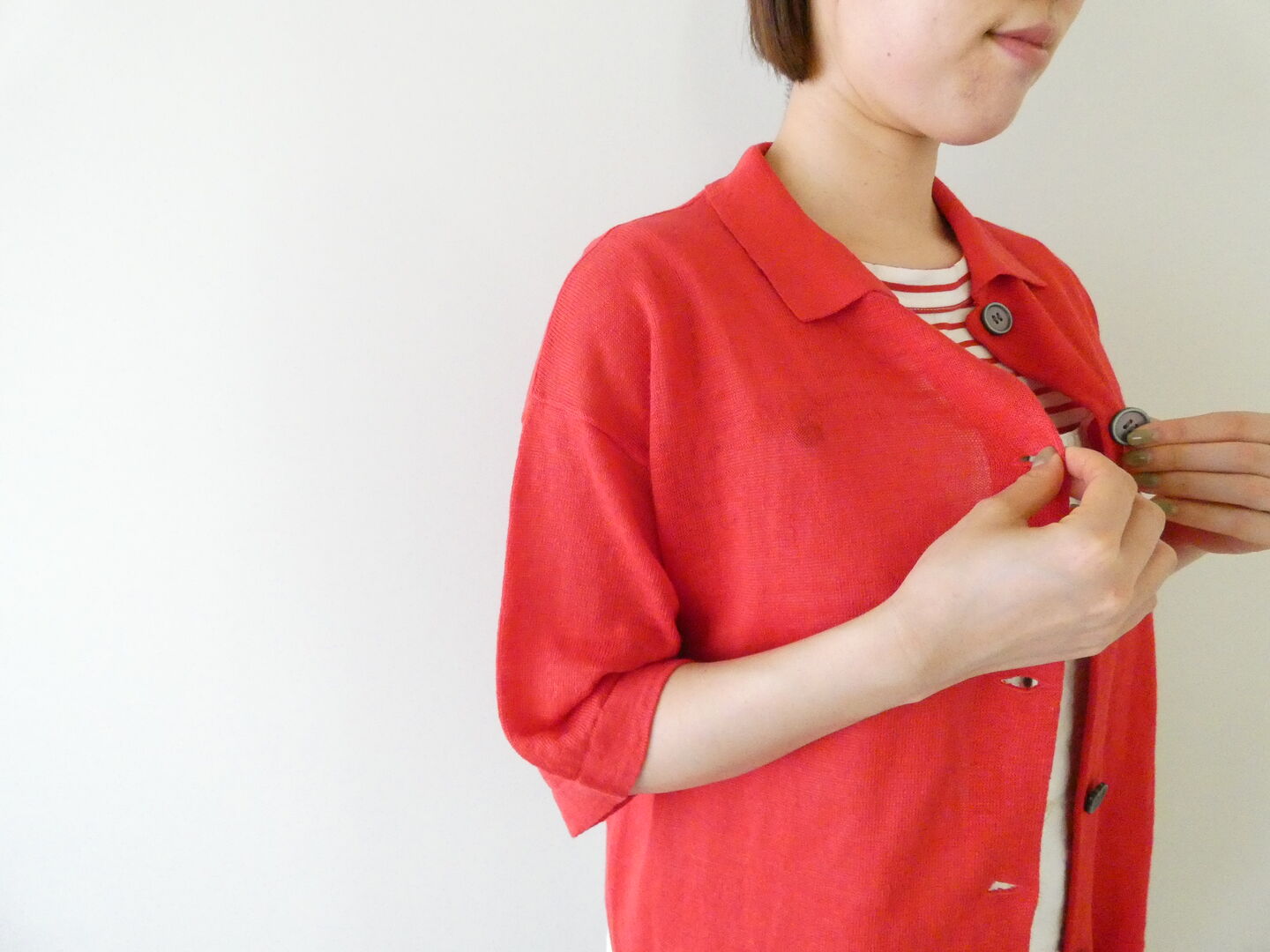 mao made(マオメイド) UV加工リネンポロ衿ハーフスリーブカーディガンの商品画像7
