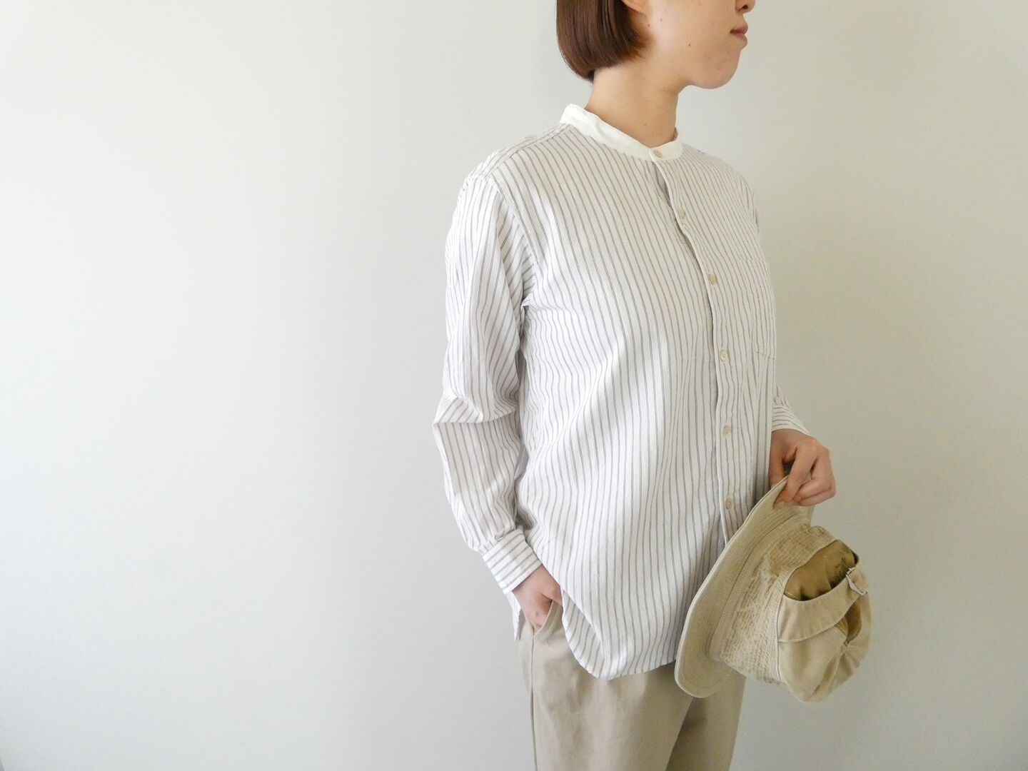 RINEN(リネン) 40/1オーガニックストライプクレリックスタンドカラーシャツの商品画像6