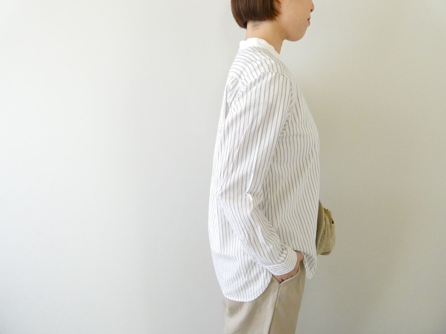 RINEN(リネン) 40/1オーガニックストライプクレリックスタンドカラーシャツの商品画像7