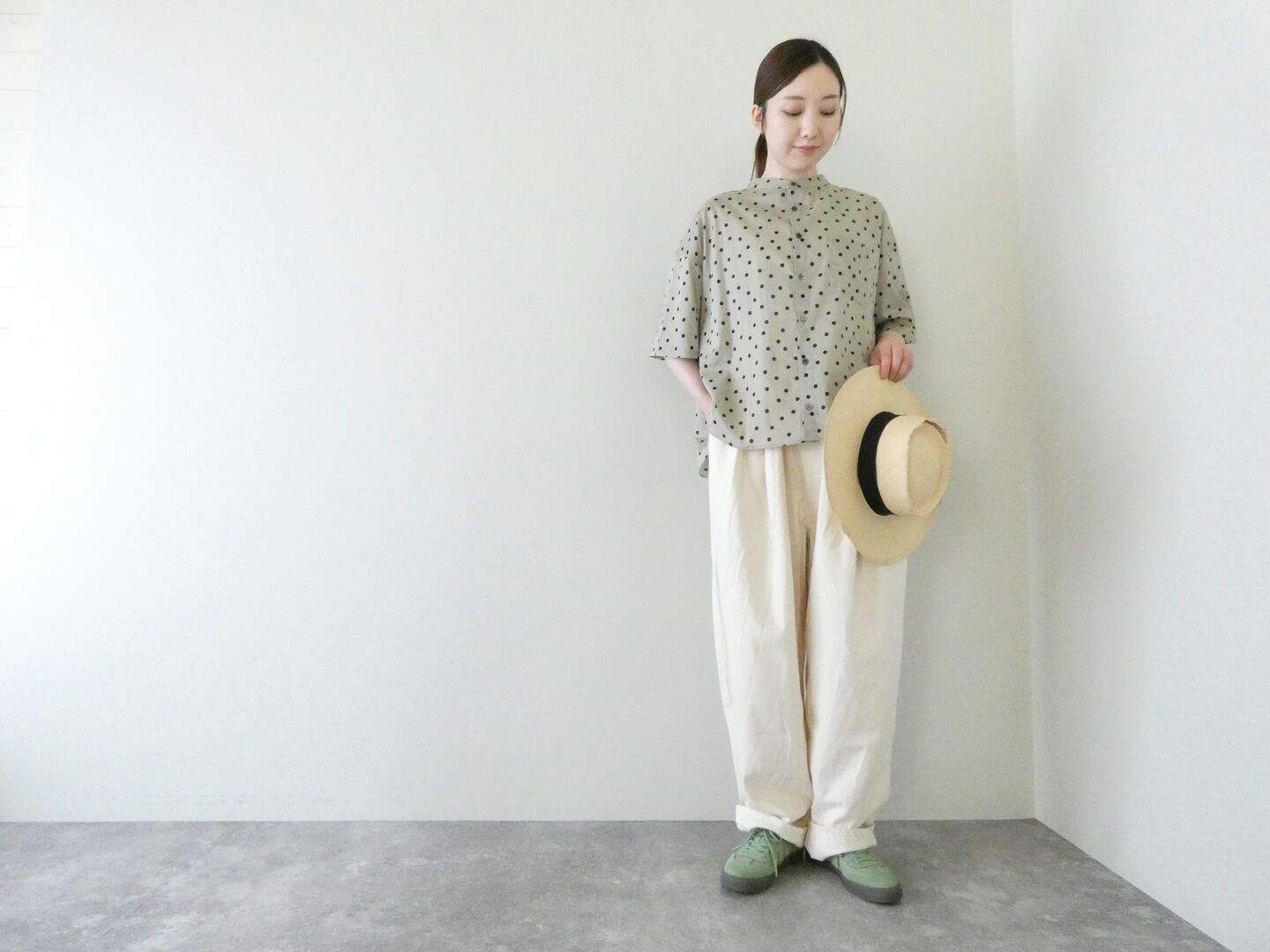 LinenYa(リネンヤ) バンドカラー半袖水玉シャツの商品画像8
