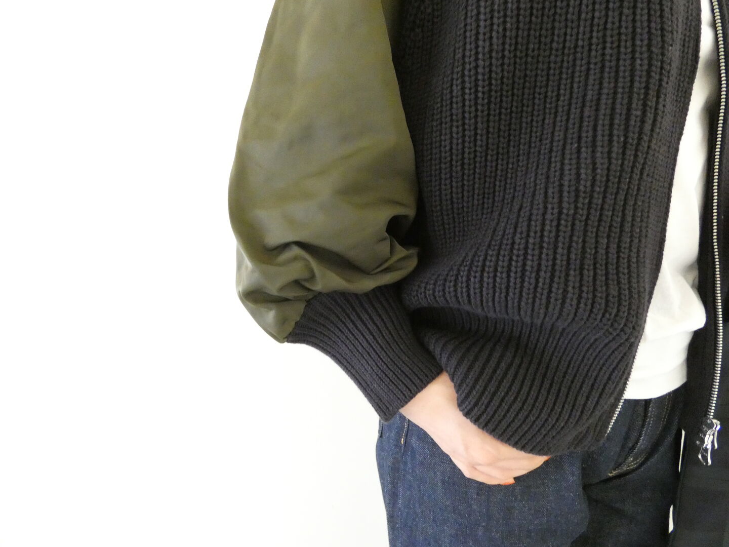 mao made(マオメイド) ざっくりヤーン×タフタ異素材ドッキングボリュームスリーブジャケットの商品画像6