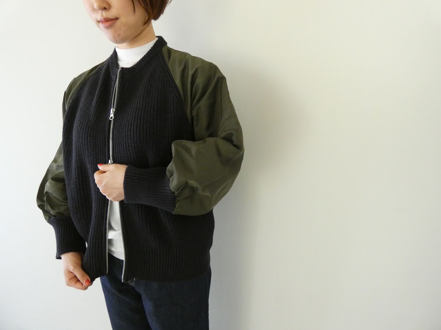 mao made(マオメイド) ざっくりヤーン×タフタ異素材ドッキングボリュームスリーブジャケットの商品画像7